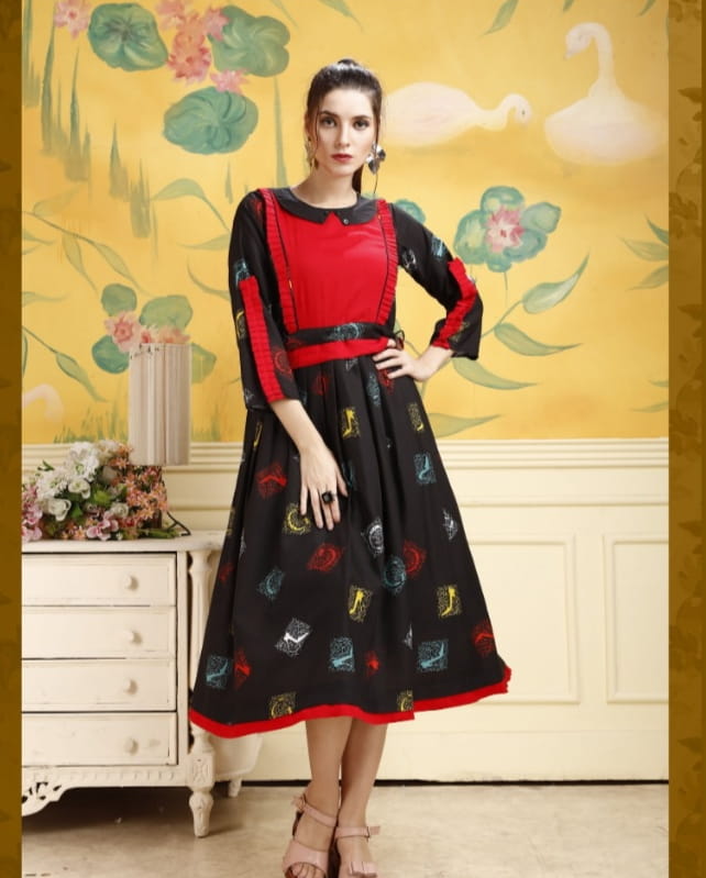 Black Color Heavy Digital Print Rayon Kurti For Party Wear