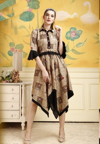 Brown Colored Heavy Digital Print Rayon Kurti For Occasion Wear