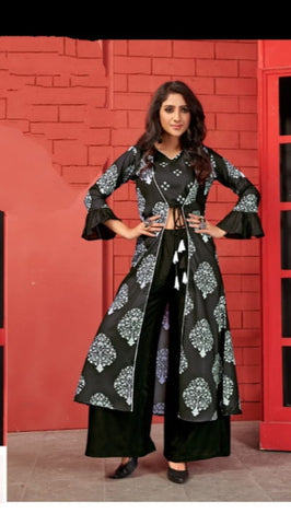 Black Cotton Kurti With Shrug And Digital Print Plazo For Function Wear aryadressmaker107B