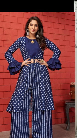Blue Cotton With Digital Print Cotton Kurti With Shrug And Plazo For Party Wear aryadressmaker107E