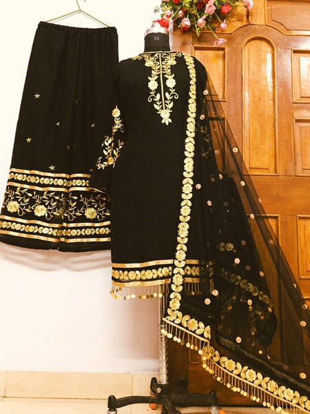 Festive Black Color Full Stitched Georgette Embroidered Hand Work Plazo Salwar Suit For Wedding Wear