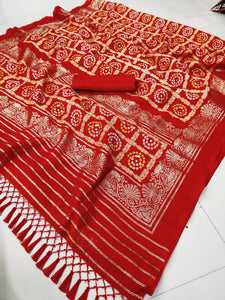 Festive Wear Red Color Fancy Bandhani Cotton Foil Printed Saree Blouse For Women