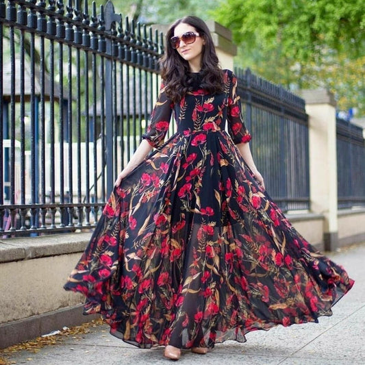 Opulent Black Color Ready Made Georgette Digital Heavy Printed Gown For Party Wear