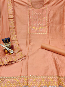Peach Color Designer Glace Cotton Embroidered Work Salwar Suit For Party Wear
