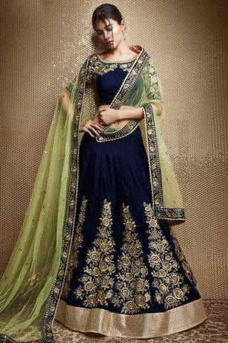 Knockout Navy Blue Designer Tapeta Velvet Embroidered Work Lehenga Choli For Wedding Wear