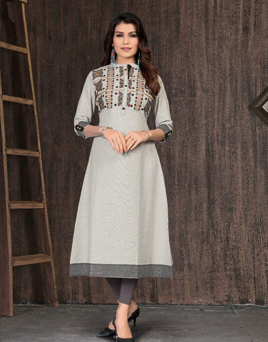 Grey Colored Cotton Embroidered Work Kurti For Women