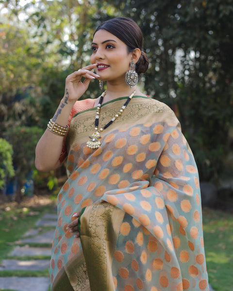 Regal Charm Pure Heavy Organza Silk Soft Silk Saree with Jacquard Zari & Meena Rich Pallu and Big Border