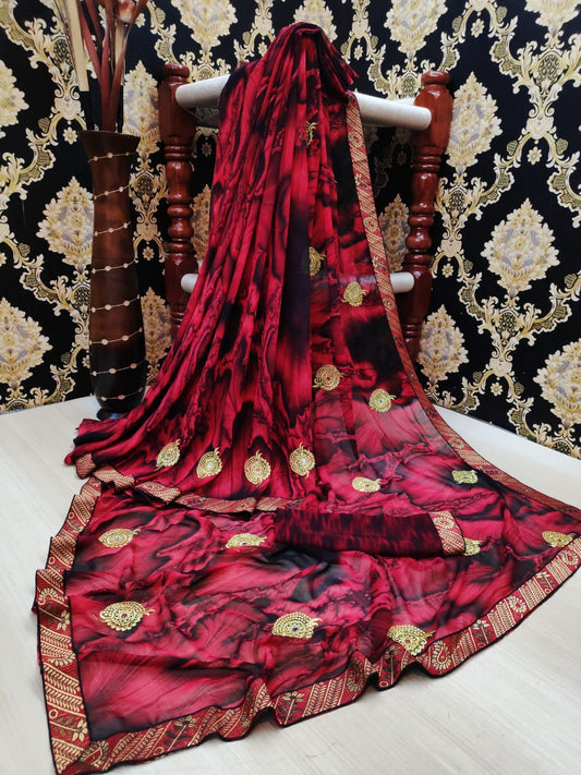 Carmine Color Designer Georgette Diamond Embroidered Butti Machine Work All Over Lace Border Saree Blouse For Function Wear