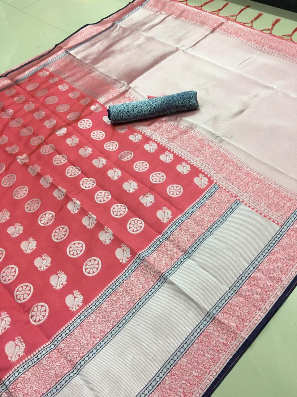 Pretty Punch Color Lichi Silk Weaving Rich Pallu Contrast Border Saree Blouse For Function Wear
