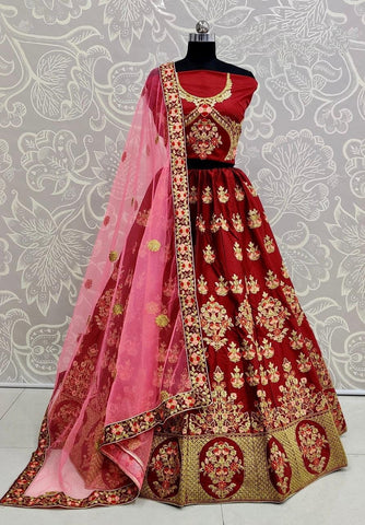 Gorgeous Maroon Color Designer Satin Silk Thread Embroidered Sequence Touch Work Lehenga Choli For Wedding Wear