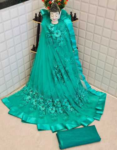 Refreshing Firozi Color Function Wear Soft Net Embroidered Stone Flower Pearl Work Saree Blouse