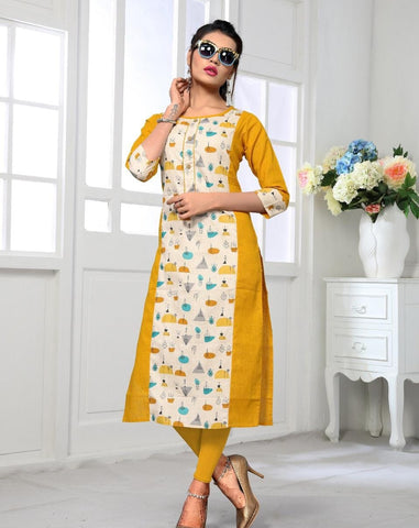 Yellow Color Flex Cotton Printed Full Stitched Designer Kurti For Women