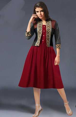 Barn Red Color Ready Made Rayon Digital Printed Kurti With Koti For Festive Wear