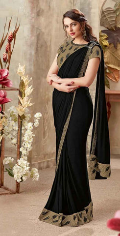Black Colored Party Wear Silk Embroidered Saree With Blouse For Women