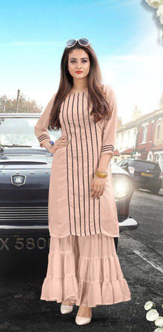 Peach Colored Pure Georgette Sharara Kurti For Women VT1031101B