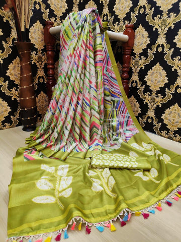 Knockout Kelly Color Designer Digital Printed Linen Leheriya Saree Blouse For Festive Wear