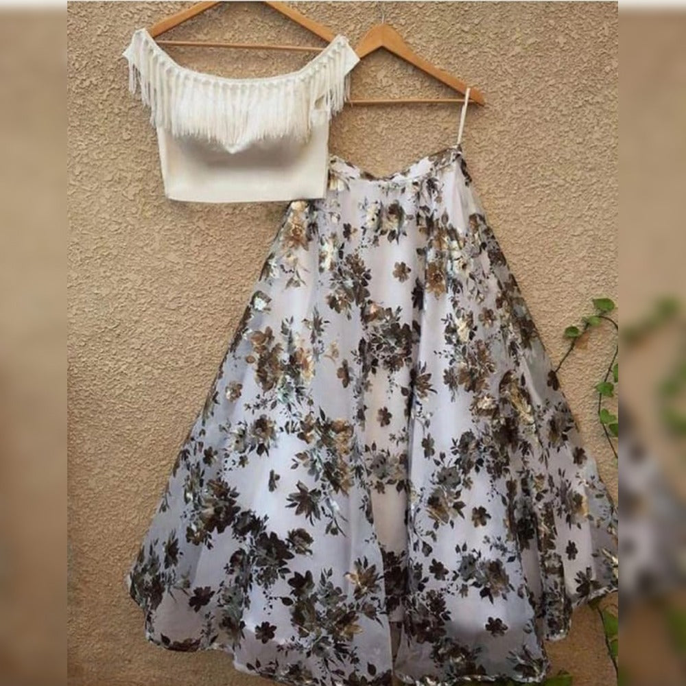 White Color Crop Top Semi Stitched Lehenga