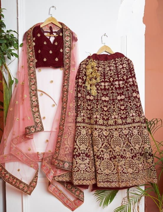 Maroon Color Multi Thread Embroidered Work Designer Velvet Lehenga Choli For Bridal Wear