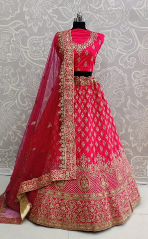 Magenta Color Wedding Wear Satin Silk Zari Thread Work Diamond Touch Up Lehenga Choli For Women
