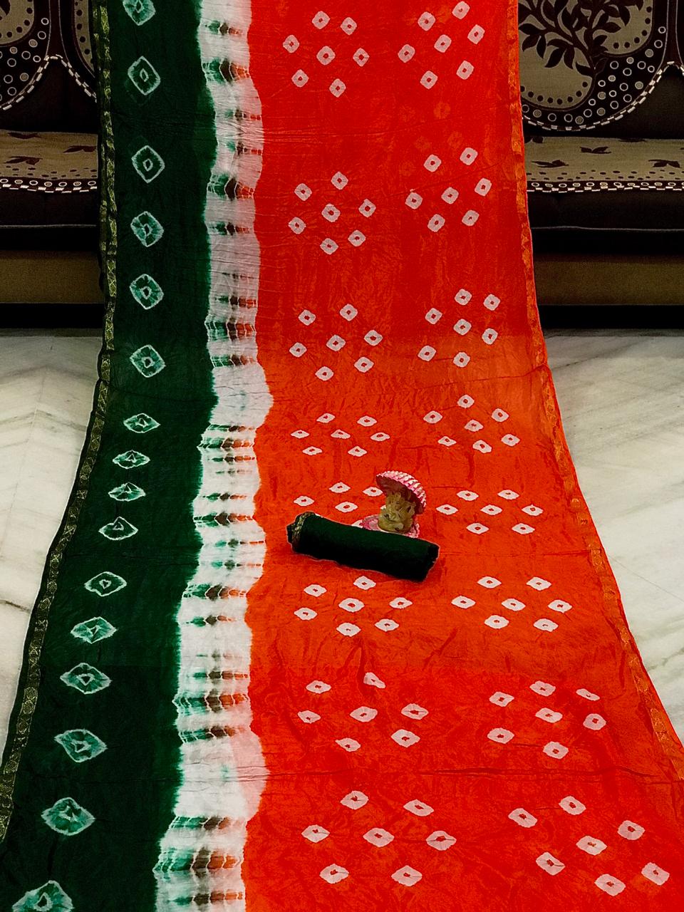 Ferrari Color Party Wear Silk Bandhani Weaving Border Saree Blouse