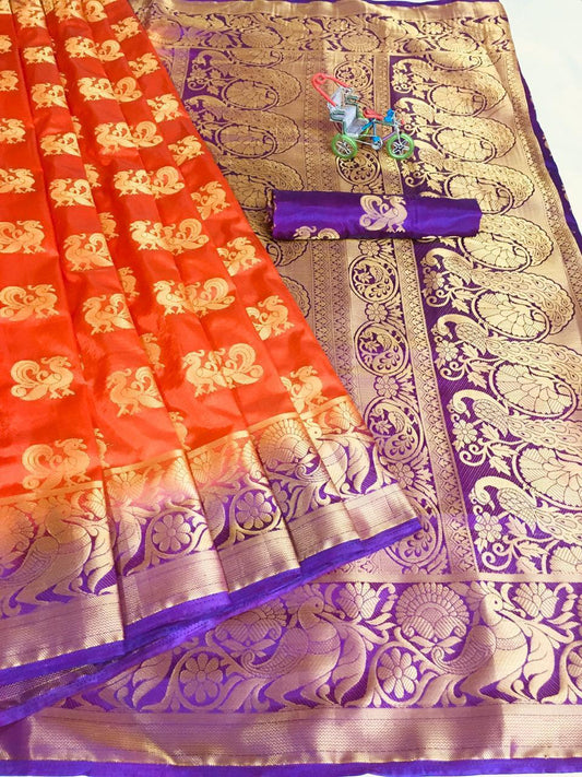 Orange Color Designer Nylon Silk Rich Pallu Saree Blouse For Wedding Wear