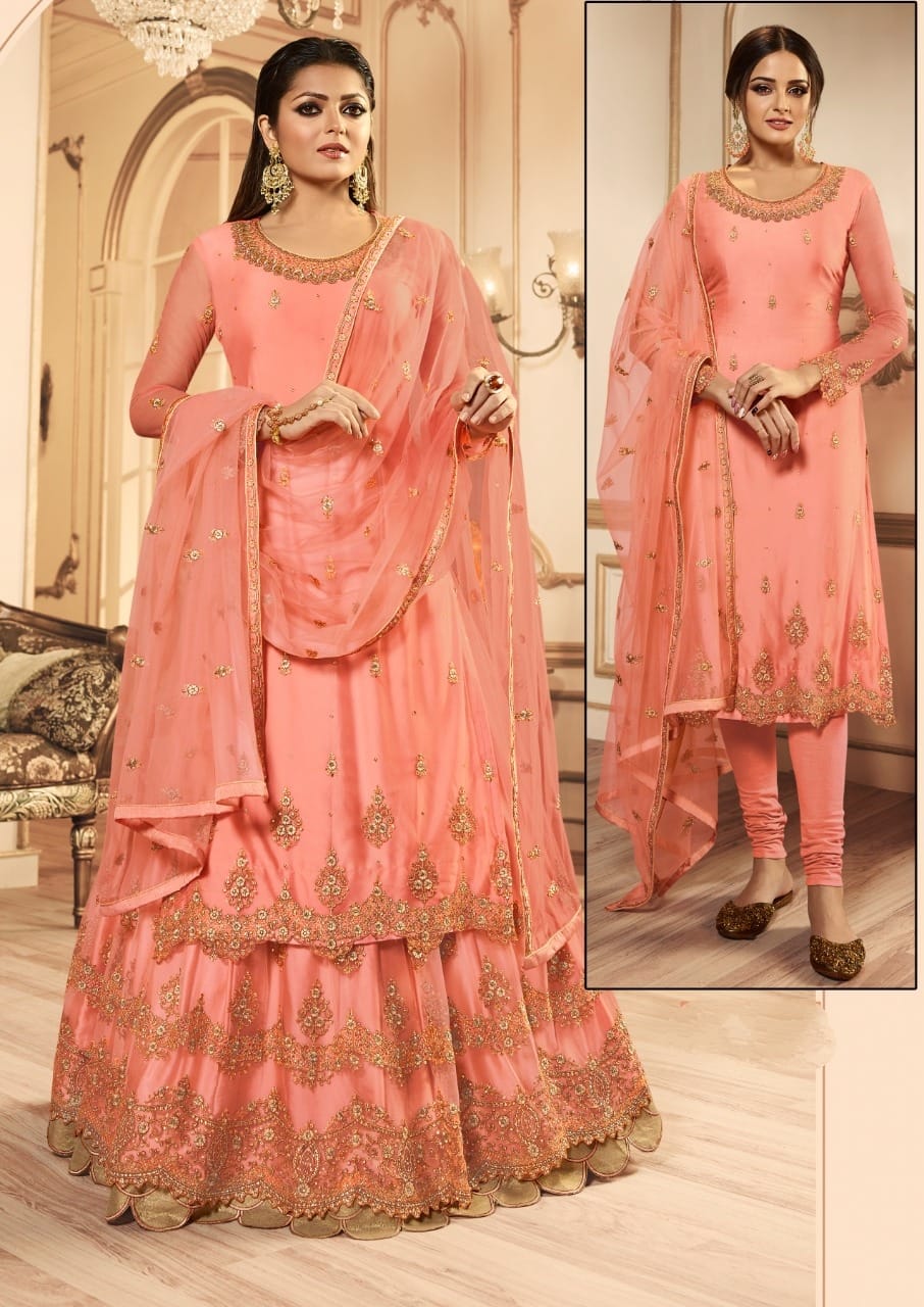 Glourious Coral Color Designer Butterfly Net Multi Zari Stone Embroidered Work Salwar Suit For Wedding Wear