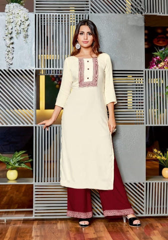 Maroon Rayon Print With Heavy Embroidered Work Kurti And Plazo Readymade For Women SHIV103B