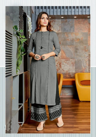 Grey Color Heavy Rayon Print With Embroidered Designer Work Kurti And Plazo Readymade For Party Wear SHIV103E