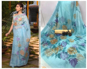 Baby Blue Color Party Wear Organza Digital Printed Saree Blouse For Women