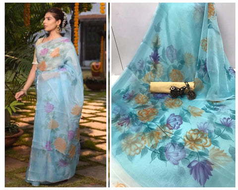 Baby Blue Color Party Wear Organza Digital Printed Saree Blouse For Women