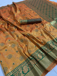 Clay Color Designer Cotton Silk All Over Zari Weaving Work Rich Pallu Saree Blouse For Women