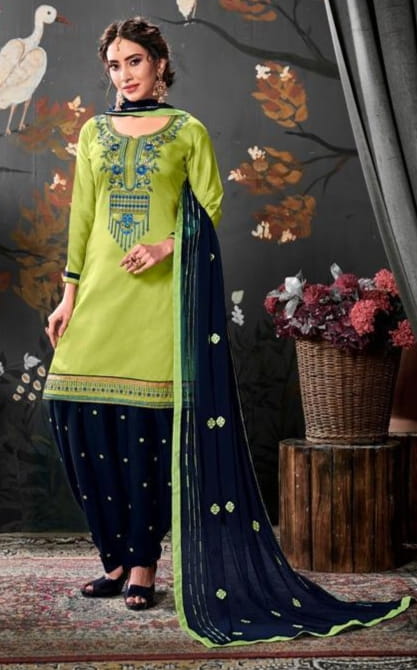 Lime Color Multi Embroidered Work Designer Cotton Silk Salwar Suit For Festive Wear