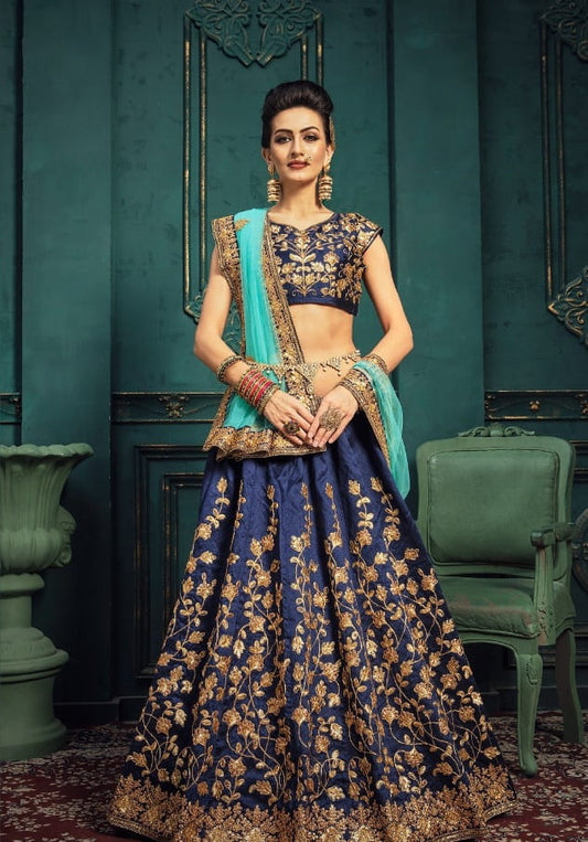 Navy Blue Color Malbari Silk Dori Sequence Embroidered Border Work Lehenga Choli For Function Wear