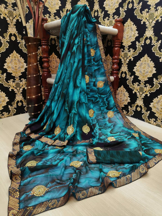 Yale Color Georgette Machine Diamond Embroidered Butti Work All Over Lace Border Saree Blouse For Function Wear