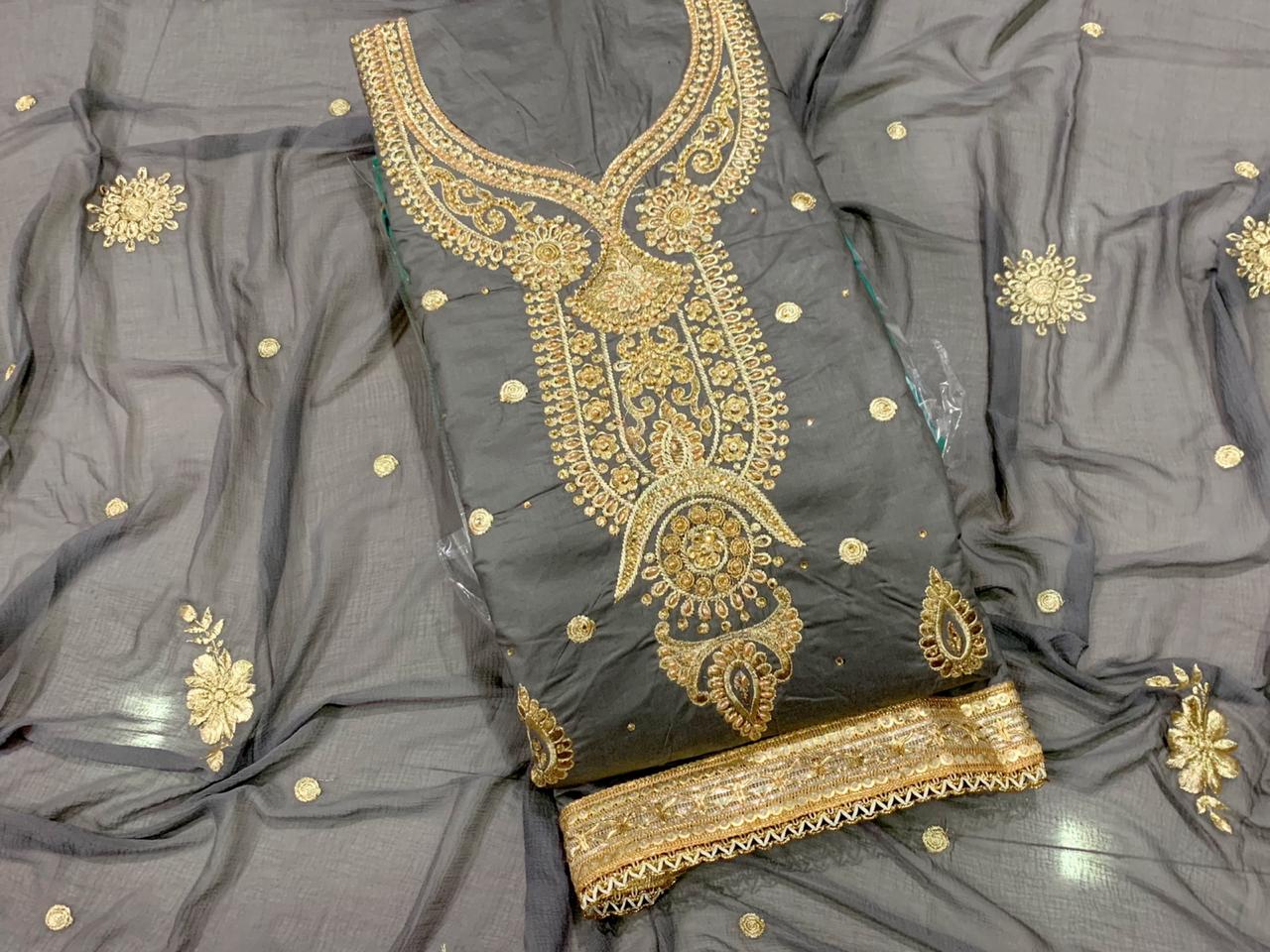 Pewter Color Embroidered Diamond Work Heavy Cotton Salwar Suit For Wedding Wear