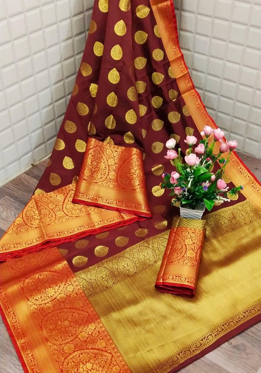 Barn Red Color Banarasi Silk All Over Zari Butta Heavy Pallu Saree Blouse For Festive Wear