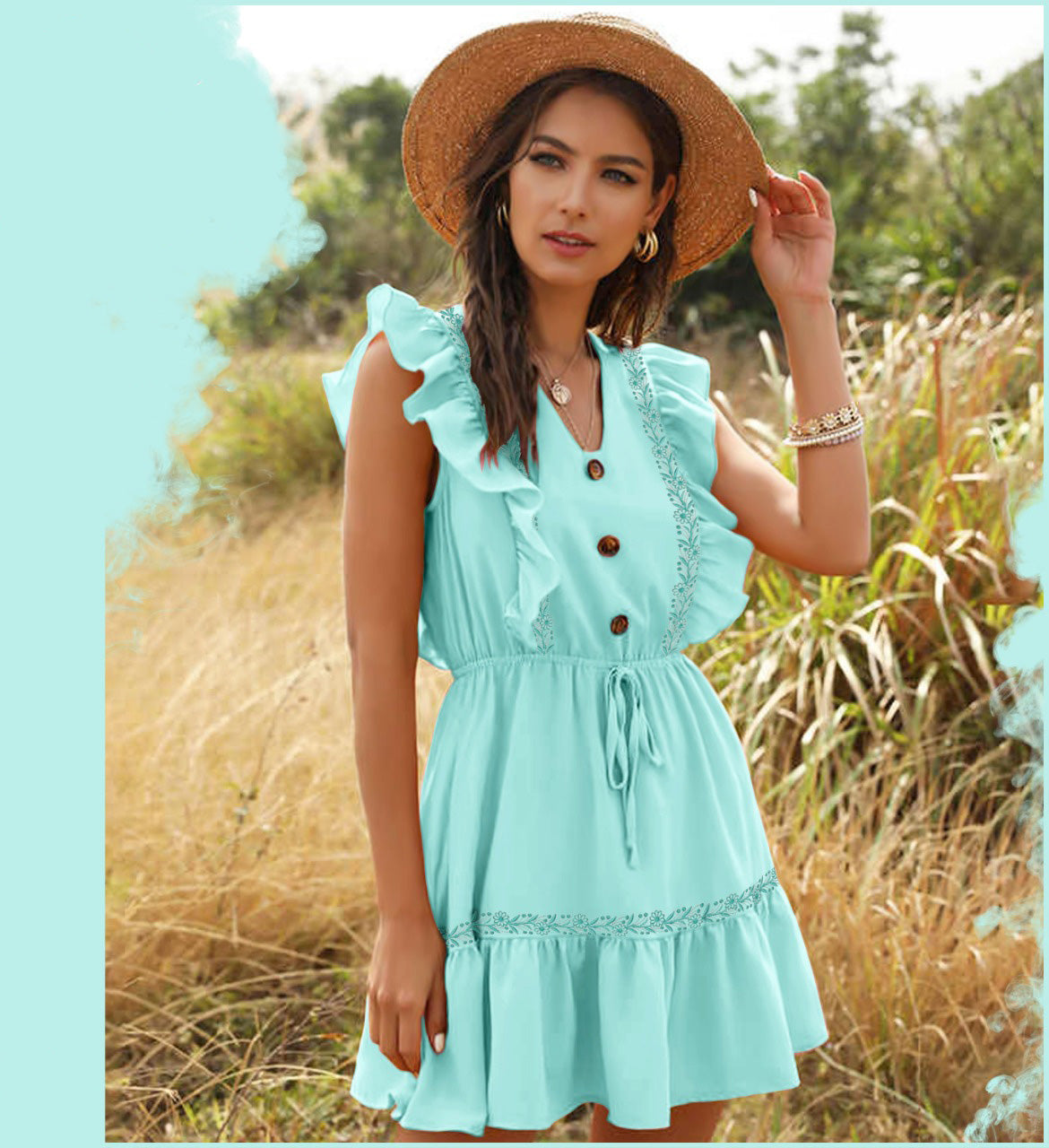Sea Green Color Street Style Button Front Latest Ruffle A-line Short Western Dress