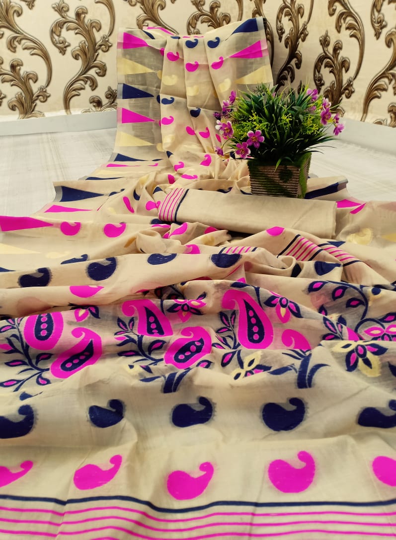 Flax Color Designer Soft Cotton Bright Pallu Jumbo Jacquard Saree Blouse For Party Wear