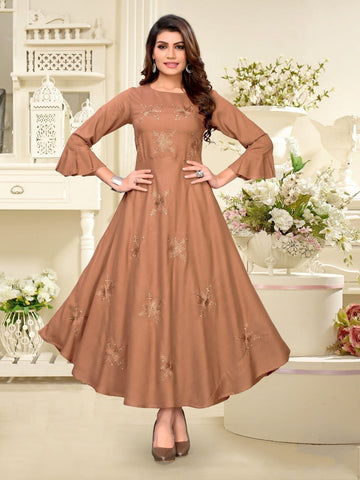 Beige Rayon With Heavy Embroidered Work Full Stitched Anarkali Kurti For Beautiful-VAIKUNTH103A