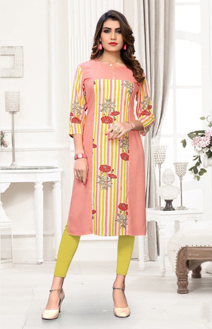 Peach Color Rayon Printed Ready Made Kurti For Party Wear