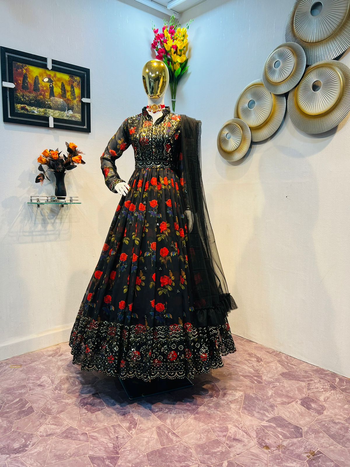 Black Color Stitched Georgette Embroidered Gown