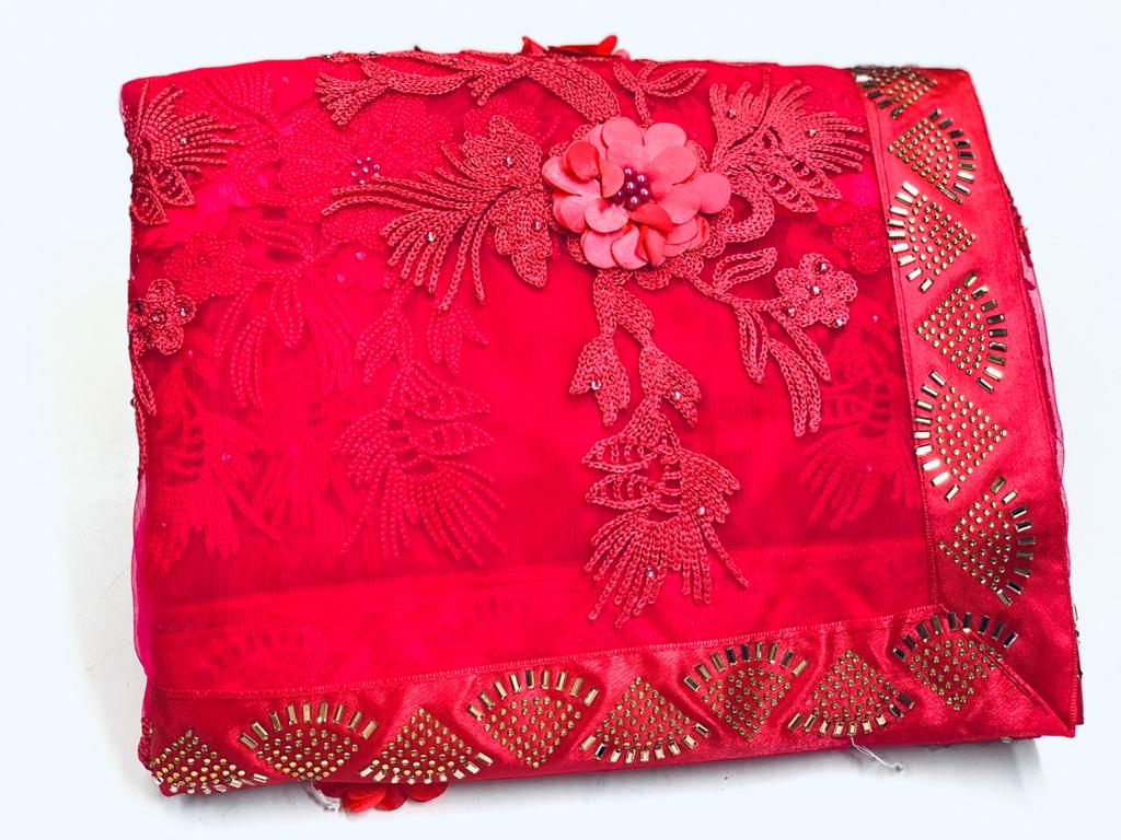 Fuchsia Color Designer Soft Net Fancy Rubin Work Flower With Hot Fix Diamond Border Saree Blouse For Women