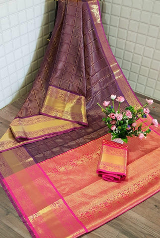 Amethyst Color Kanjipuram Silk Handloom Zari Weaving Border Saree Blouse For Wedding Wear