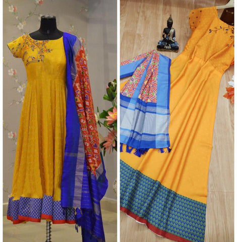 Yellow Color Women's Stitched Designer Gown and Dupatta