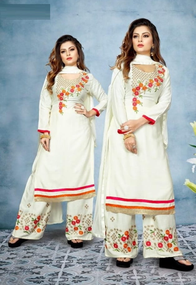 White Color Stitched Embroidered Rayon Kurta With Work Plazo