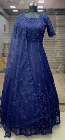 Navy Blue Color Designer Net Thread Stone Pasting Embroidered Work Wedding Wear Gown