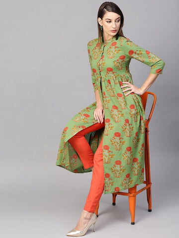 Green Color Printed Gathered Ready Made Kurti For Women AVADH1060102C