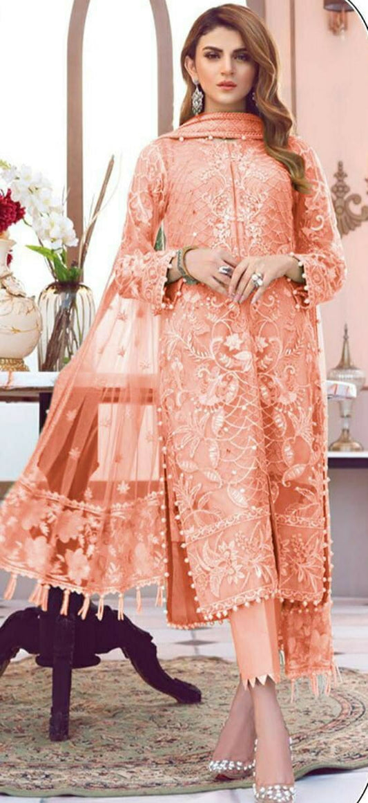 Pretty Brick Color Designer Butterfly Net Multi Sequence Embroidered Stitch Moti Work Salwar Suit For Function Wear