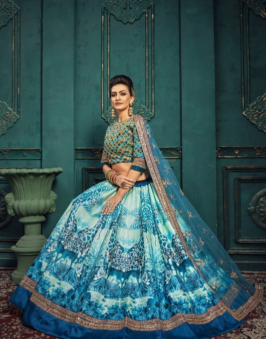 Sky Blue Color Malbari Silk Digital Printed Dori Sequence Embroidered Border Pearl Work Lehenga Choli For Wedding Wear