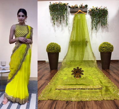 Green color Oraganza Silk Belt Style Saree With Blouse